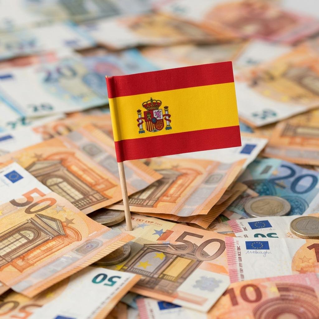 Spanische Flagge auf Euro-Scheinen – Symbolbild zur Steueransässigkeit in Spanien