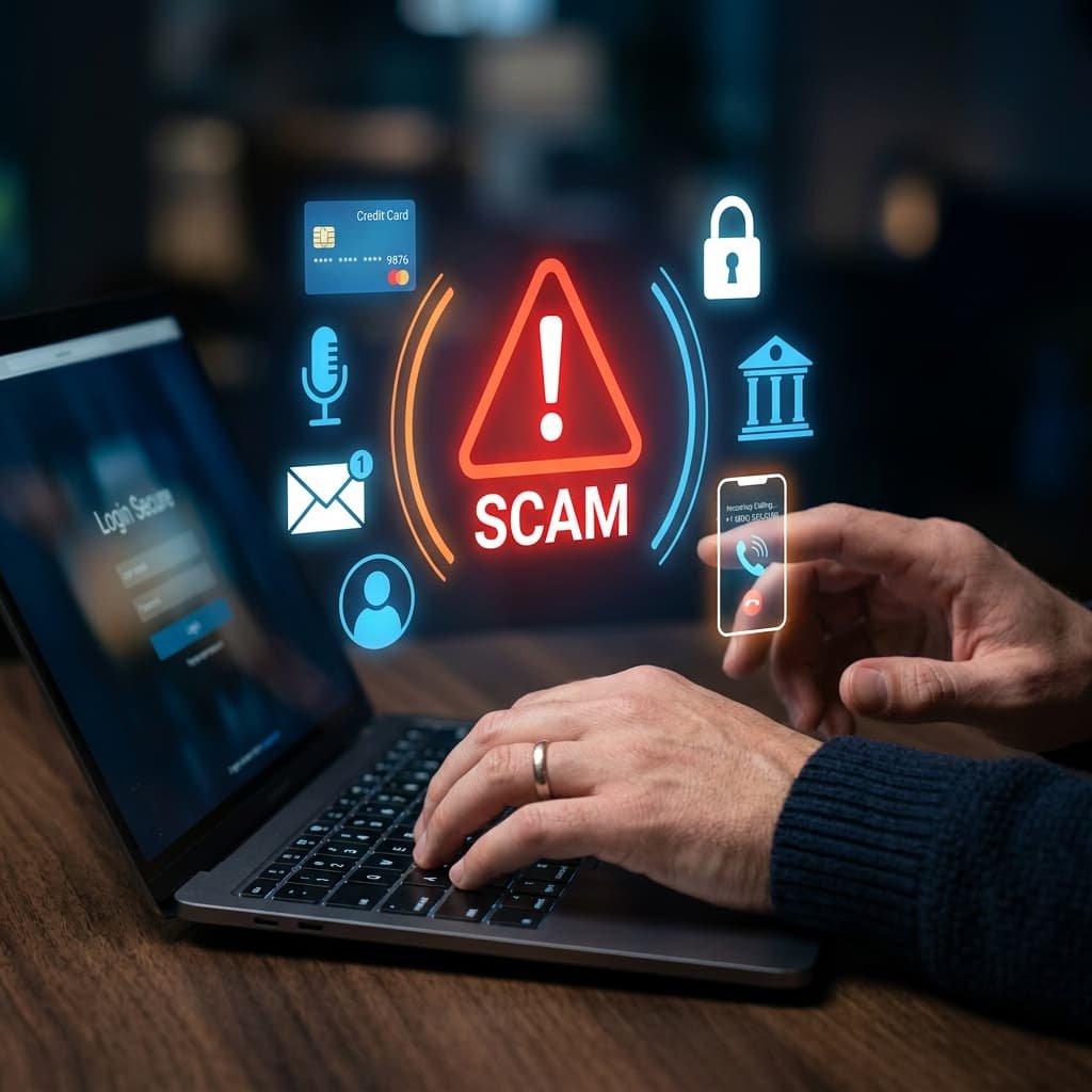 Laptop mit Scam-Warnsymbol – Symbolbild zur Cybersecurity-Session